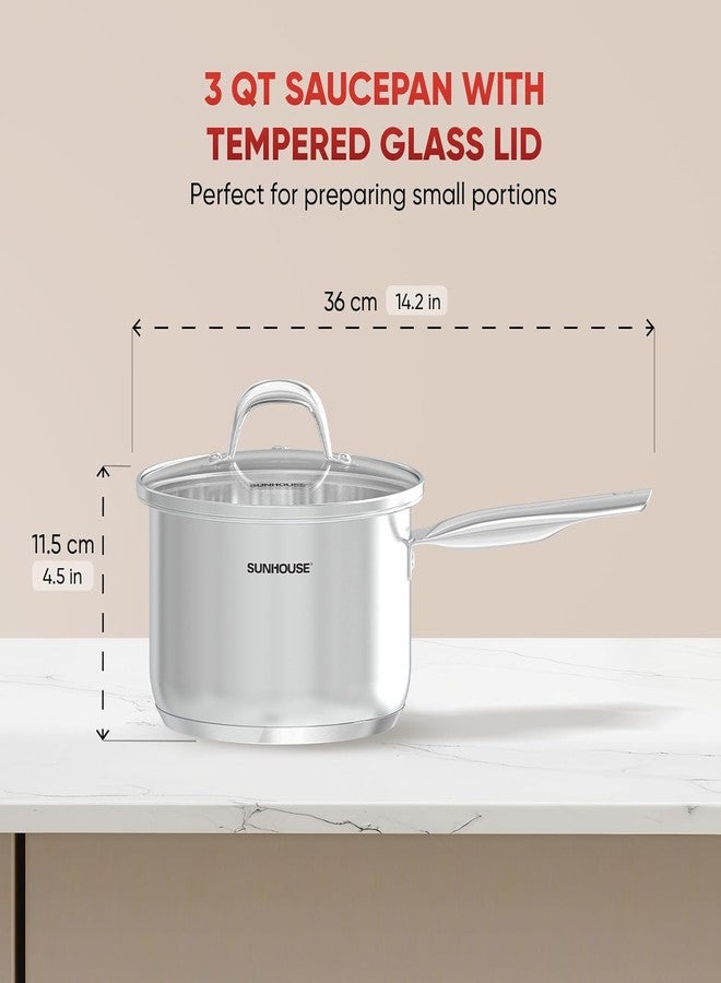 SUNHOUSE - 3 Quart Stainless Steel Sauce Pan with Lid - PFOA-FREE, 18/10 Stainless Steel Sauce Pan, Advanced Impact Bonding Induction Base, Stay-Cool Handle, Compatible with All Cooktops - Image 2