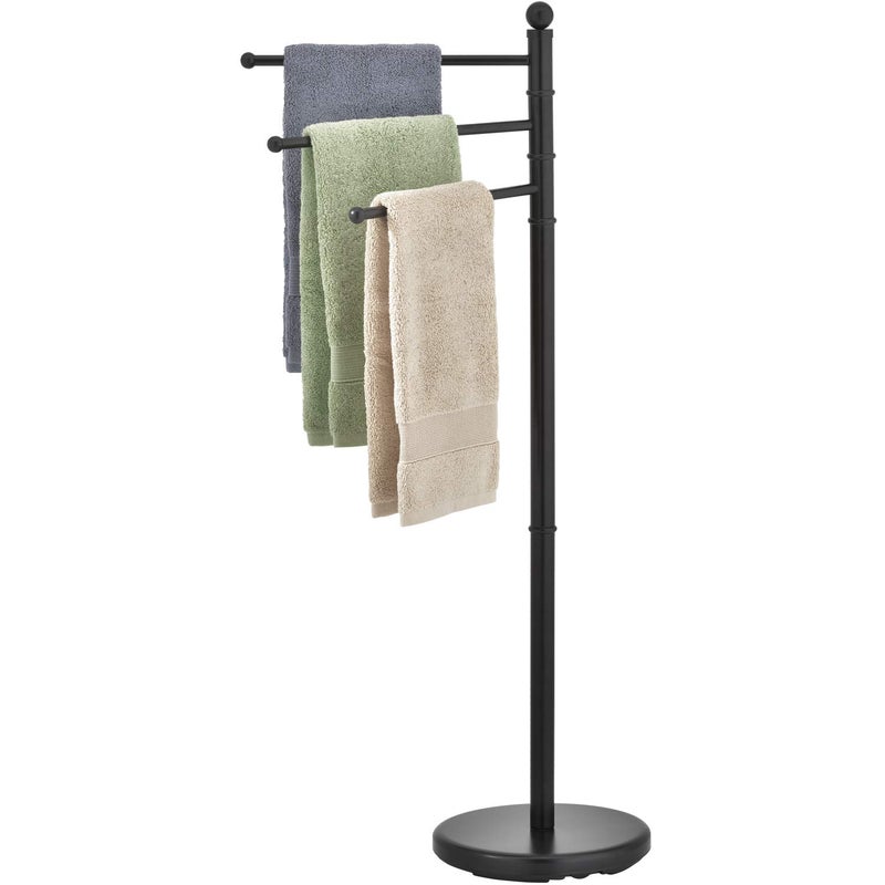 MyGift 40 Inch Freestanding Matte Black Towel Rack for Bathroom with 3 Swivel Bar Arms Hanging Towel Holder Drying Rack