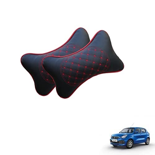 NikrokZ Car Neck Rest Pillow Head Rest Cushion for Maruti Suzuki CELERIO, Car Seat, Neck Support for Long Driving (Black, with Red Embroidery) -2 Pieces - Image 1