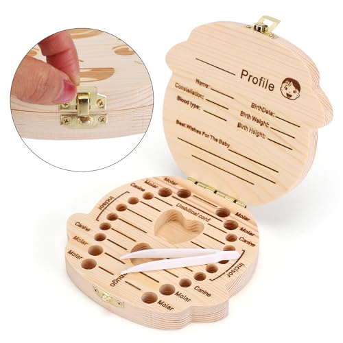 NASHRIO Baby Tooth Box Wooden Kids Keepsake Organizer Gift for Baby Teeth, Cute Children Tooth Container with Tweezers to Keep the Childwood Memory (Gril) - Image 2