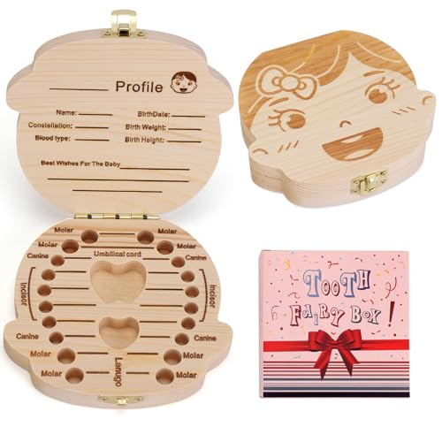 NASHRIO Baby Tooth Box Wooden Kids Keepsake Organizer Gift for Baby Teeth, Cute Children Tooth Container with Tweezers to Keep the Childwood Memory (Gril) - Image 1