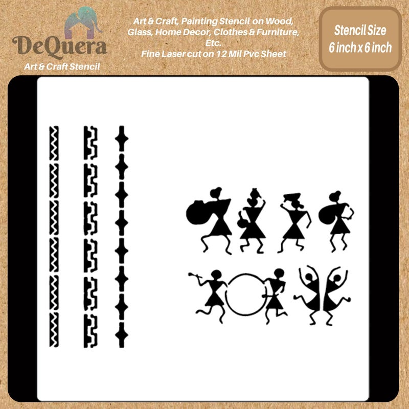 DEQUERA DeQuera Warli Stencils for Wall Tribal Wall Border Stencils Stencils for Craft and Art for Adults Reusable Stencil for Home Dcor Fabric Size 6 x 6 Inch DQL1147