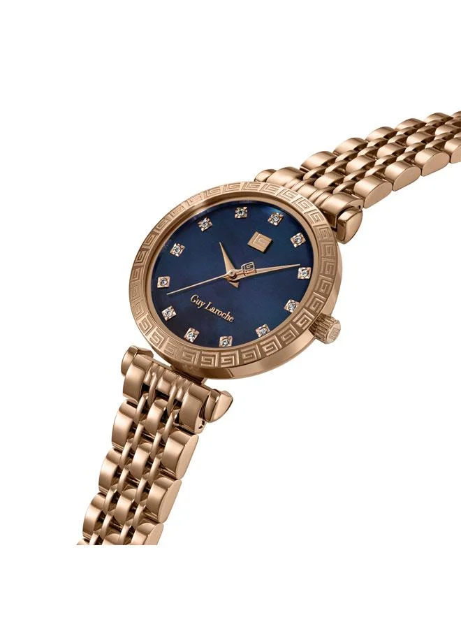 غاي لاروش ساعة يد نسائية بعقارب مينا من عرق اللؤلؤ باللون الأزرق وسوار معدني فضي وذهبي وردي  مم