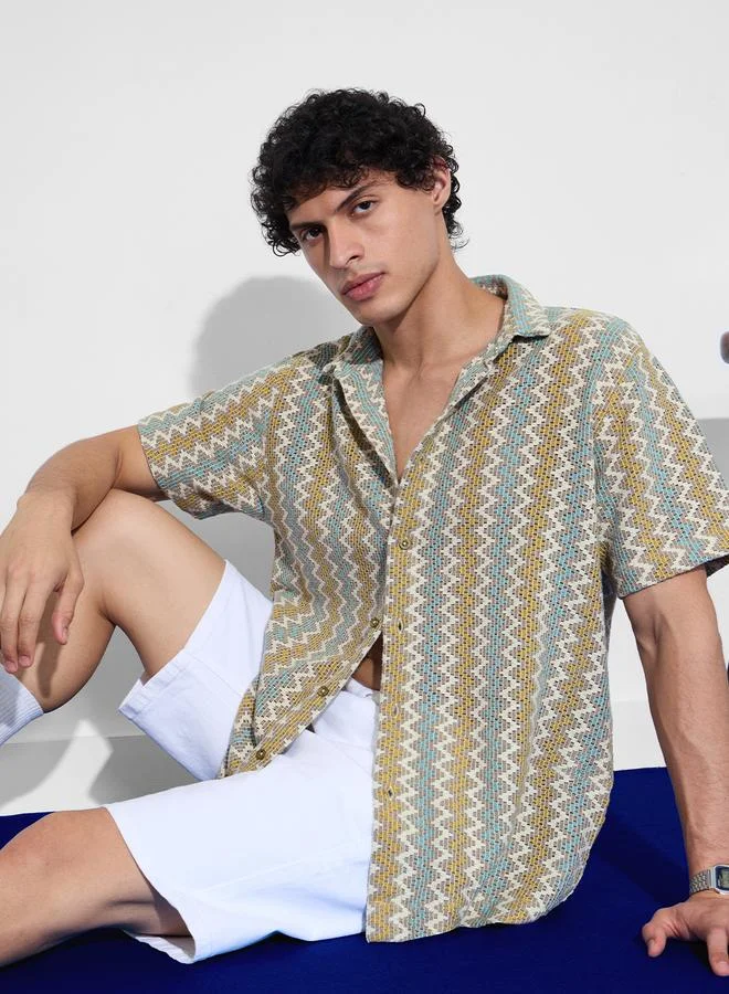 The Souled Store Men Multi Chevron Open Knit Oversized Shirt