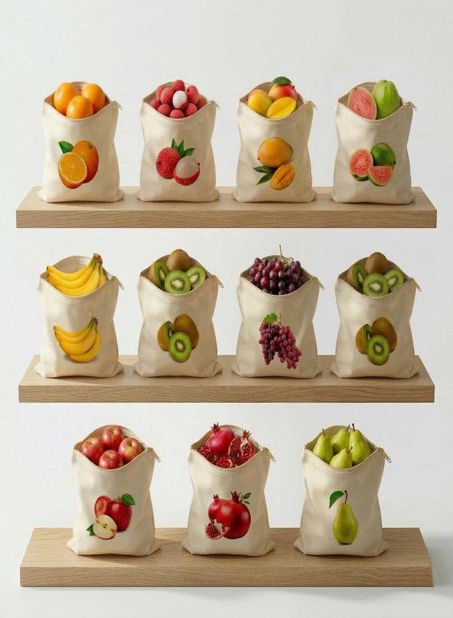 DOOMSDAY 10 Pieces Fruits Printed Storage Bags, Muslin Cotton, 12x12 Inch Breathable Fridge Freshness Bags for Produce Fruit, Greens Herbs, Washable Breathable Zipper Cloth Bags for Fruits - Image 1