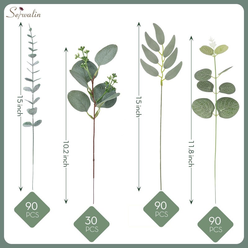 Serwalin 300 pcs Artificial Mixed Eucalyptus Leaves Stems Bulk, 4 Kinds Silver Dollar Eucalyptus Leaves Picks,Faux Greenery Stems Sprays for DIY Bouquets Floral Arrangement Home Decor - Image 3