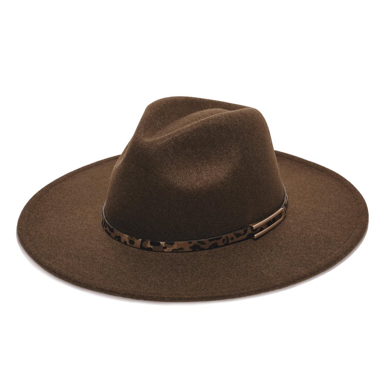 YOUBADU Wide Brim Fedora Hat for Women, Faux Wool Felt, Animal Print Band, Classic Western Style, Brown Leopard, M/One size - Image 1