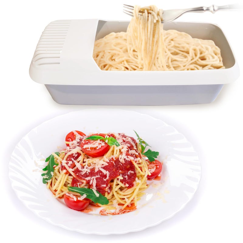 Kitchen Discovery طباخ المعكرونة بالميكروويف بدون انتظار بدون فوضى بدون التصاق طباخ المعكرونة بالميكروويف مع غطاء مصفاة جاهز في 10 دقائق فقط لما يصل إلى 4 حصص طباخ السباغيتي والمعكرونة بالميكروويف