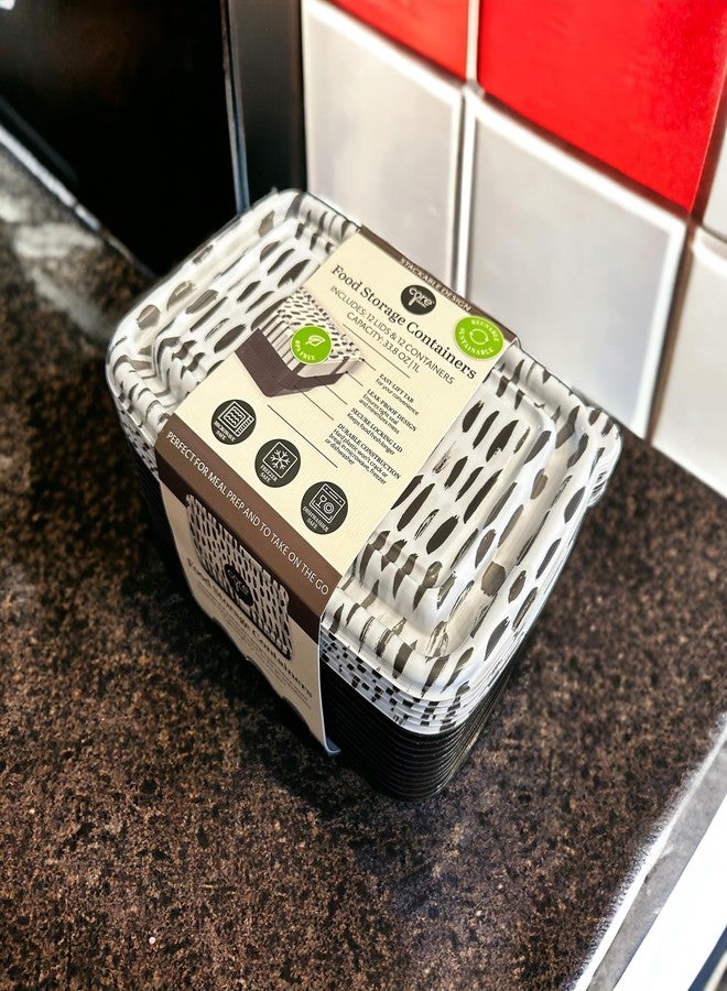 Core Kitchen HOLIDAY FOOD STORAGE CONTANER, 12 LIDS & 12 CONTAINERS, 33.8 OZ | 1l, RECTANGULAR/SPRING SUMMER EDITION (BLACK & WHITE BRUSH STROKES) - Image 1