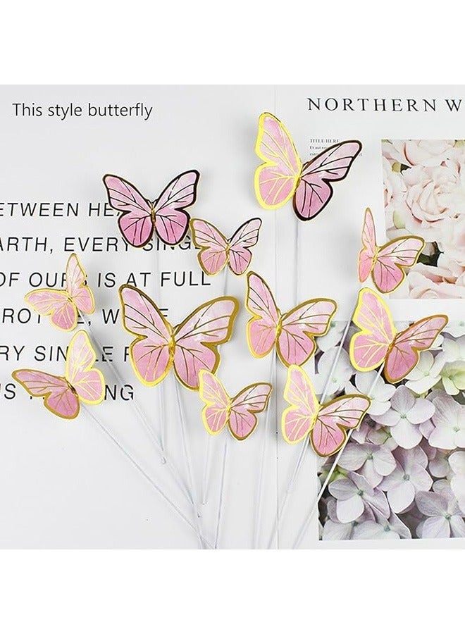 11 Pcs Butterfly Cake Toppers Decorations Mounted Cupcake Decorations Happy Birthday Metallic Gold Decorations Butterfly Party Supplies for Decorating Girls Birthdays, Pink - Image 2