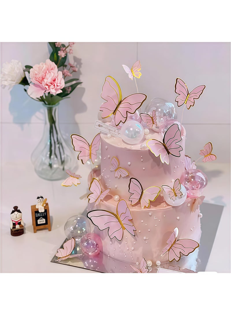 11 Pcs Butterfly Cake Toppers Decorations Mounted Cupcake Decorations Happy Birthday Metallic Gold Decorations Butterfly Party Supplies for Decorating Girls Birthdays, Pink - Image 4