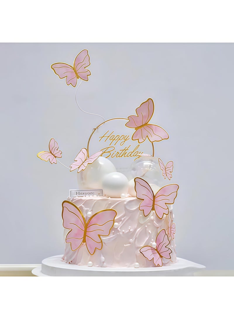 11 Pcs Butterfly Cake Toppers Decorations Mounted Cupcake Decorations Happy Birthday Metallic Gold Decorations Butterfly Party Supplies for Decorating Girls Birthdays, Pink - Image 5