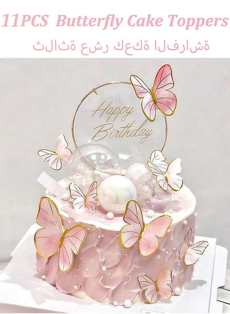 11 Pcs Butterfly Cake Toppers Decorations Mounted Cupcake Decorations Happy Birthday Metallic Gold Decorations Butterfly Party Supplies for Decorating Girls Birthdays, Pink - Image 1