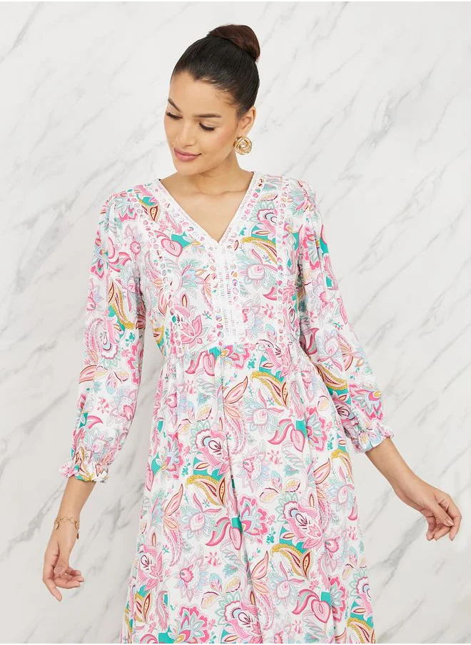 Styli Lace Detail Floral Print A-Line Maxi Dress
