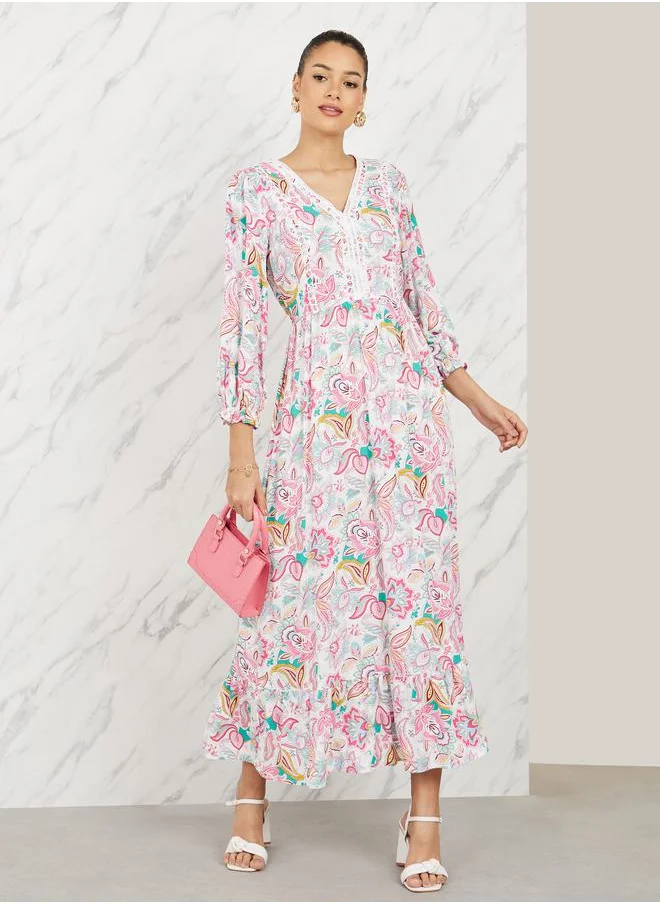 Styli Lace Detail Floral Print A-Line Maxi Dress