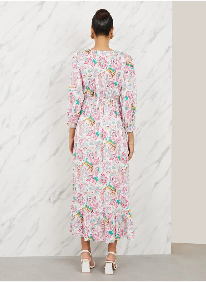Styli Lace Detail Floral Print A-Line Maxi Dress