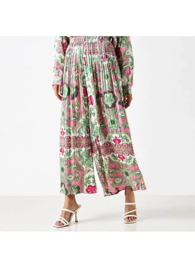 2Xtremz 2Xtremz Floral Print Pleated Palazzo Pants with Elasticated Paperbag Waist