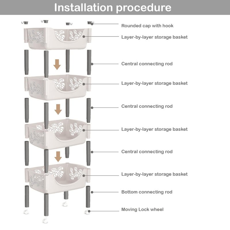 Lukzer Multipurpose Fruits Vegetable Storage Basket 4 Tier Plastic Rolling Cart Trolley Stand for Home Kitchen and Office Rack 115 x 30 x 415cmWhite - Image 3
