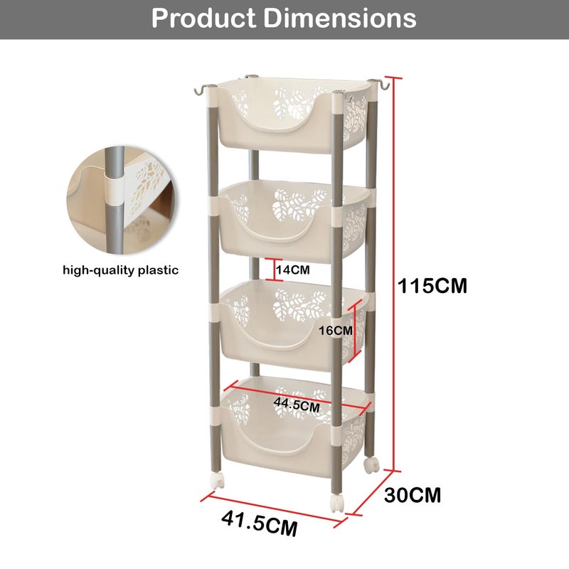 Lukzer Multipurpose Fruits Vegetable Storage Basket 4 Tier Plastic Rolling Cart Trolley Stand for Home Kitchen and Office Rack 115 x 30 x 415cmWhite - Image 4
