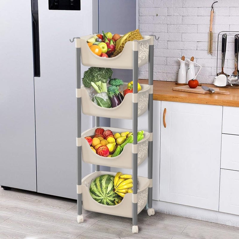 Lukzer Multipurpose Fruits Vegetable Storage Basket 4 Tier Plastic Rolling Cart Trolley Stand for Home Kitchen and Office Rack 115 x 30 x 415cmWhite - Image 1