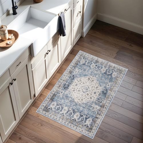 RUUGME Washable Living Room Area Rug - 2x3 Small Bedroom Rugs Vintage Rustic Style Carpets with Non Slip Backing Distressed Floor Mat for Dining Room Kitchen Bathroom (Aqua Blue, 2'x3') - Image 2