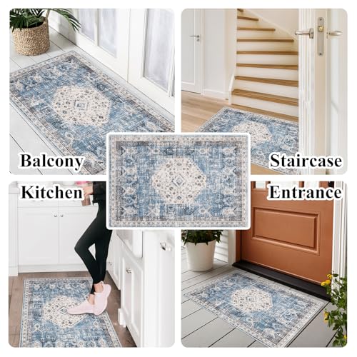 RUUGME Washable Living Room Area Rug - 2x3 Small Bedroom Rugs Vintage Rustic Style Carpets with Non Slip Backing Distressed Floor Mat for Dining Room Kitchen Bathroom (Aqua Blue, 2'x3') - Image 5