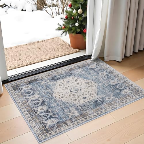 RUUGME Washable Living Room Area Rug - 2x3 Small Bedroom Rugs Vintage Rustic Style Carpets with Non Slip Backing Distressed Floor Mat for Dining Room Kitchen Bathroom (Aqua Blue, 2'x3') - Image 1