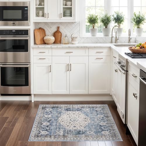 RUUGME Washable Living Room Area Rug - 2x3 Small Bedroom Rugs Vintage Rustic Style Carpets with Non Slip Backing Distressed Floor Mat for Dining Room Kitchen Bathroom (Aqua Blue, 2'x3') - Image 3