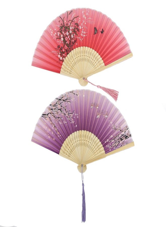 Bestage 2 Pieces Handheld Fans,Silk Folding Foldable Fans Vintage Bamboo Frames Chinese Japanese Fans for Dancing Cosplay Wedding Party Props Decoration - Image 1
