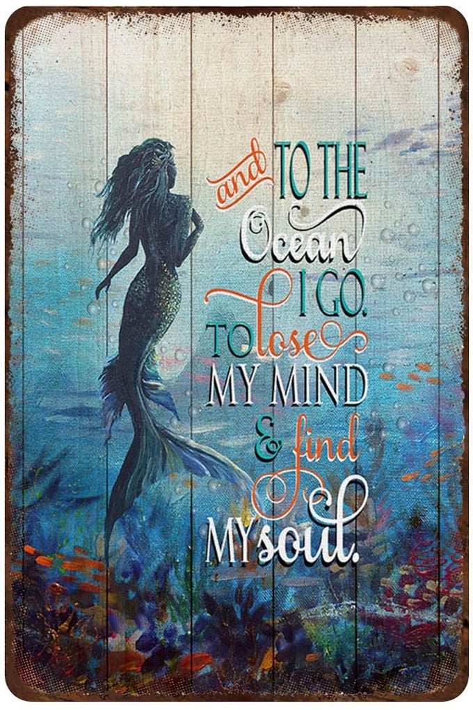 RUSTIC RETRO METAL TIN SIGN AND TO THE OCEAN MERMAID WALL ART VINTAGE METAL TIN SIGN CAFE STORE CLUB BEDROOM BATHROOM NOVELTY RETRO PARLOR COURTYARD WALL DECOR 8X12INCH