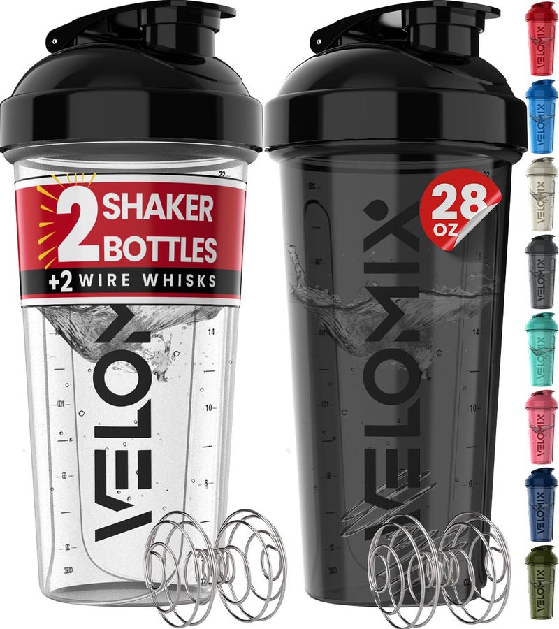 VELOMIX -2 Pack- 28 oz Protein Shaker Bottles for Protein Mixes - 2x Wire Whisk | Leak Proof Shaker Cups for Protein Shakes | Protein Shaker Bottle Pack | Shakers for Protein Shakes-Black&Transparent - Image 1