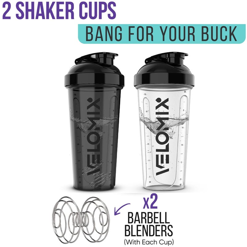 VELOMIX -2 Pack- 28 oz Protein Shaker Bottles for Protein Mixes - 2x Wire Whisk | Leak Proof Shaker Cups for Protein Shakes | Protein Shaker Bottle Pack | Shakers for Protein Shakes-Black&Transparent - Image 3