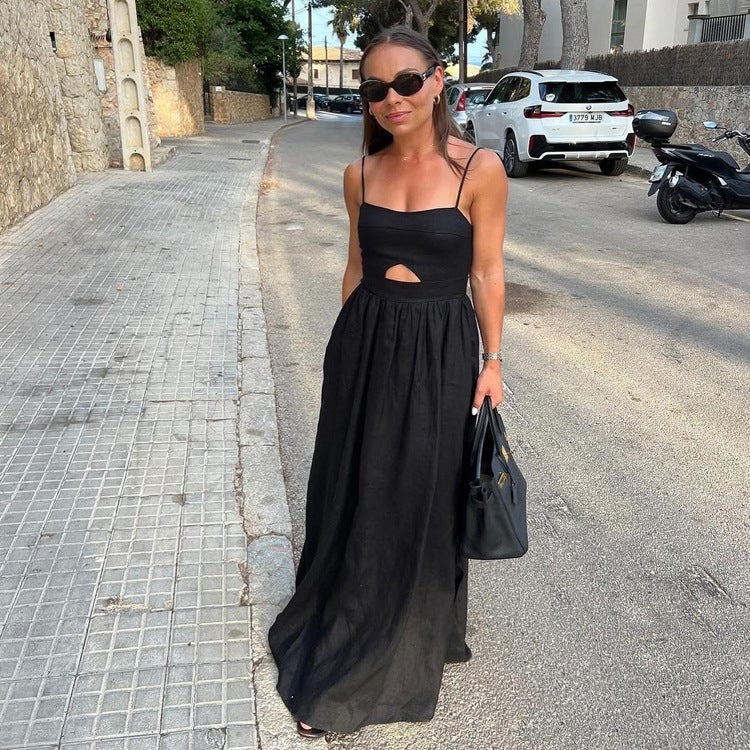 Black Breathable Spaghetti Strap High-Waist French Dress - Image 2