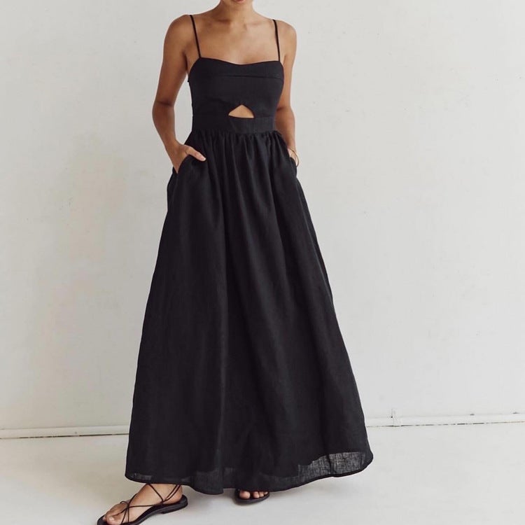 Black Breathable Spaghetti Strap High-Waist French Dress - Image 3