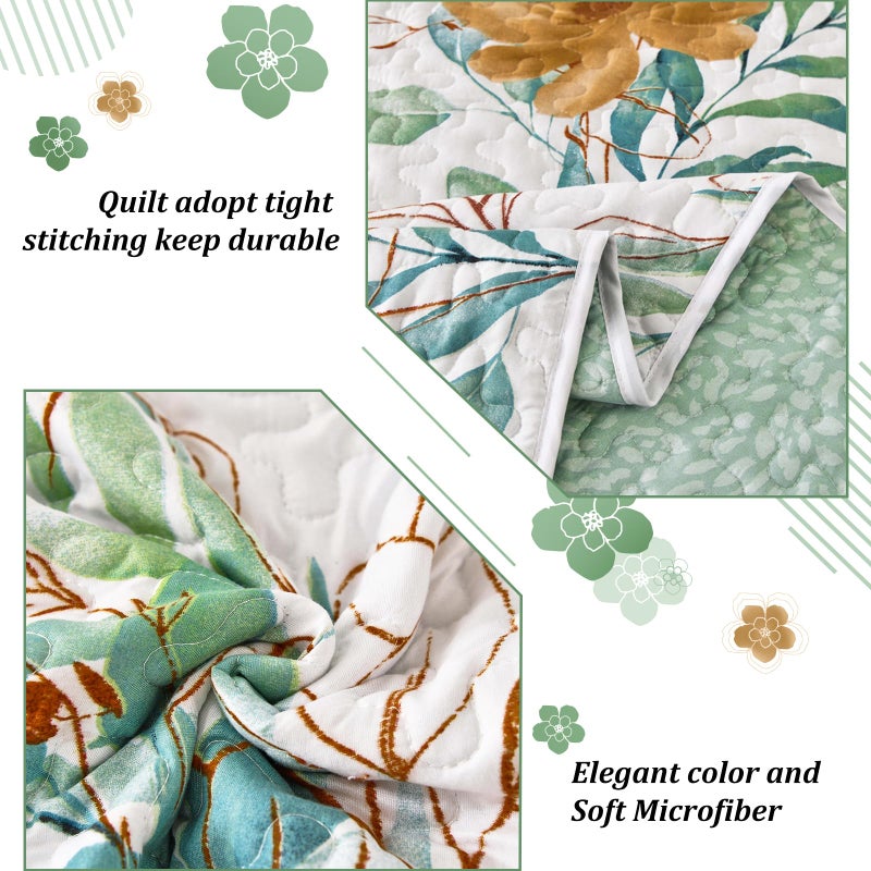 Anibedding Floral Quilt Set Queen,3 Pieces Reversible Elegant Green Leaves Pattern Bedspread Coverlet Soft Microfiber Bed Cover for All Season(96"x90") - Image 5