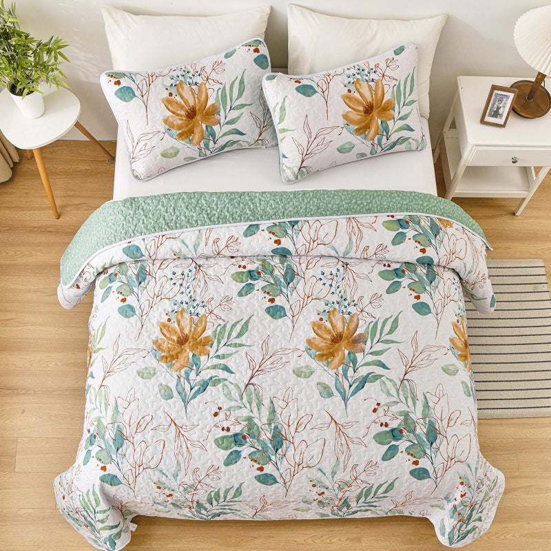 Anibedding Floral Quilt Set Queen,3 Pieces Reversible Elegant Green Leaves Pattern Bedspread Coverlet Soft Microfiber Bed Cover for All Season(96"x90") - Image 2