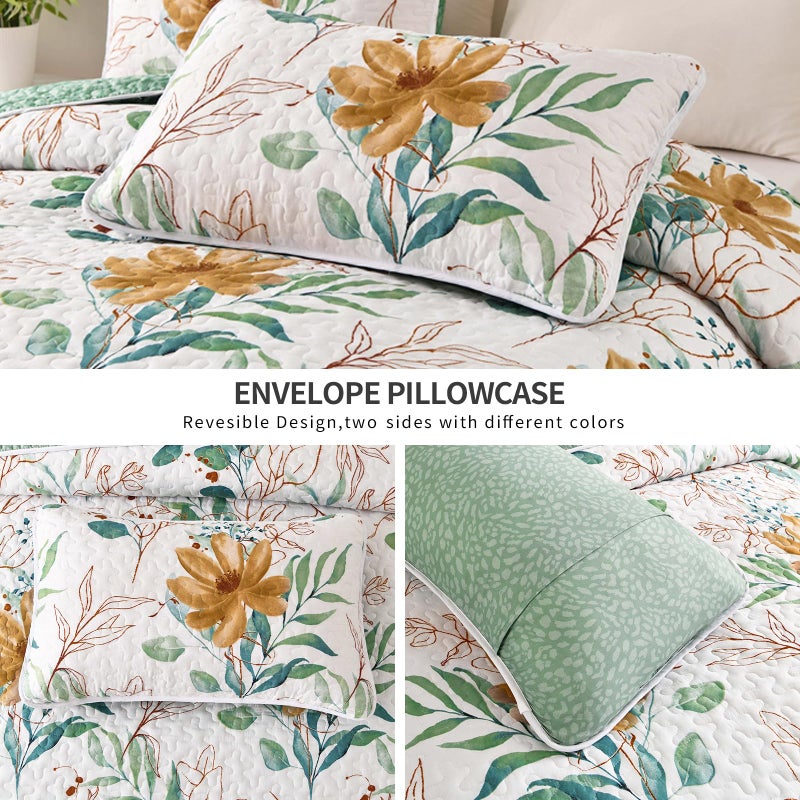 Anibedding Floral Quilt Set Queen,3 Pieces Reversible Elegant Green Leaves Pattern Bedspread Coverlet Soft Microfiber Bed Cover for All Season(96"x90") - Image 4