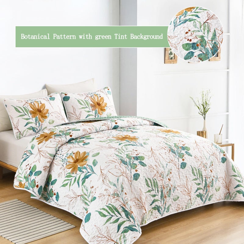 Anibedding Floral Quilt Set Queen,3 Pieces Reversible Elegant Green Leaves Pattern Bedspread Coverlet Soft Microfiber Bed Cover for All Season(96"x90") - Image 3