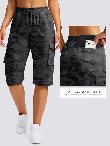 Viodia 15" Long Shorts for Women Hiking Cargo Bermuda Shorts Lightweight Quick Dry Knee Length Capris for Summer Travel Fishing Black Camo - Image 3