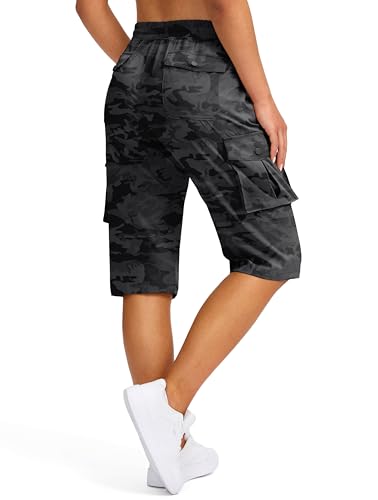 Viodia 15" Long Shorts for Women Hiking Cargo Bermuda Shorts Lightweight Quick Dry Knee Length Capris for Summer Travel Fishing Black Camo - Image 1