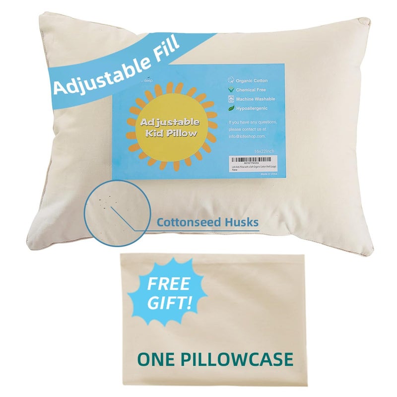 LOFE Organic Kids Pillow with Pillowcase - 16x22 Toddler Pillow with 100% Organic Cotton Shell, Adjustable Loft Youth Pillow, Machine Washable Organic plilow, Soft, Perfect for Kids&Youth&Children - Image 1