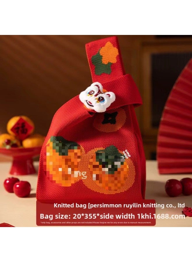 Year Red Festive Accompanying Ceremony Knitted Bag Women's Auspicious Ruyi Handbag Vacant Bag All-match Persimmon Tote Bag-Color:Beige Good Luck-Size:20*36 - Image 3