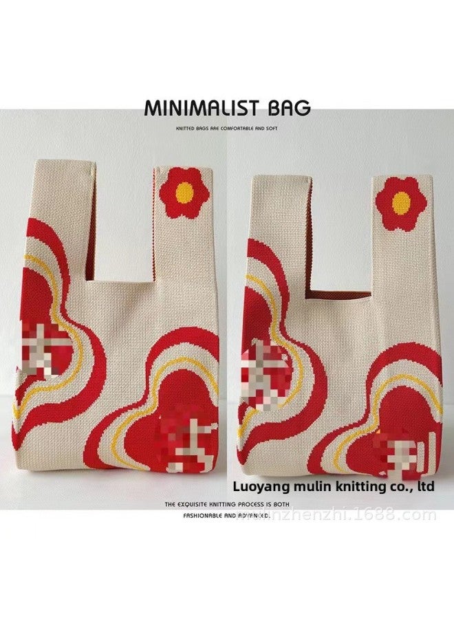 Year Red Festive Accompanying Ceremony Knitted Bag Women's Auspicious Ruyi Handbag Vacant Bag All-match Persimmon Tote Bag-Color:Beige Good Luck-Size:20*36 - Image 1