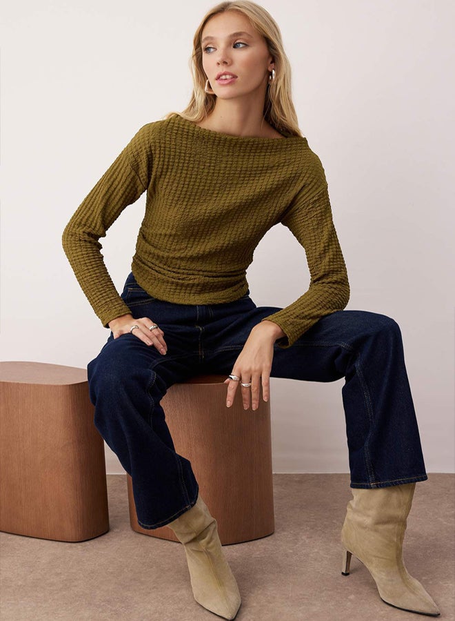 trendyol Khaki Textured Asymmetric Boat Neck Gathered Stretchy Knitted Blouse - Image 2