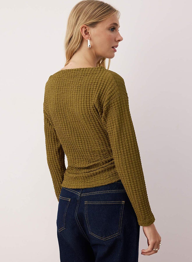 trendyol Khaki Textured Asymmetric Boat Neck Gathered Stretchy Knitted Blouse - Image 4