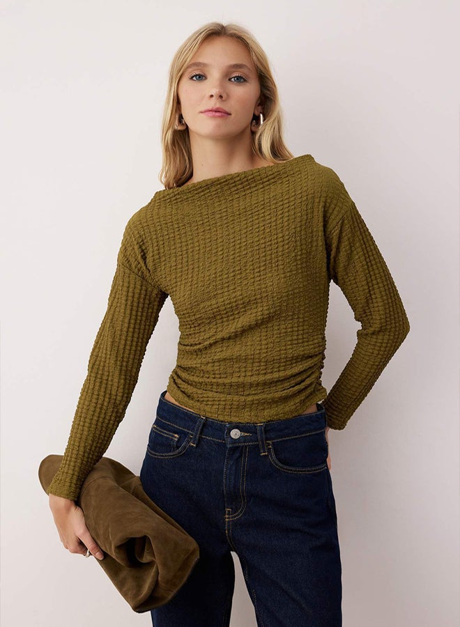 trendyol Khaki Textured Asymmetric Boat Neck Gathered Stretchy Knitted Blouse - Image 1