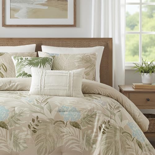 Harbor House King Comforter Set, Tropical Palm Print, Soft Cotton Oversized Comforter for a King-Size Bed, Coastal Bedding, 2 Shams, Bedskirt, 2 Décor Pillows, Kiawah Island, King Taupe - Image 1