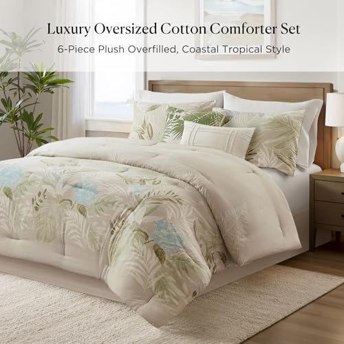 Harbor House King Comforter Set, Tropical Palm Print, Soft Cotton Oversized Comforter for a King-Size Bed, Coastal Bedding, 2 Shams, Bedskirt, 2 Décor Pillows, Kiawah Island, King Taupe - Image 2