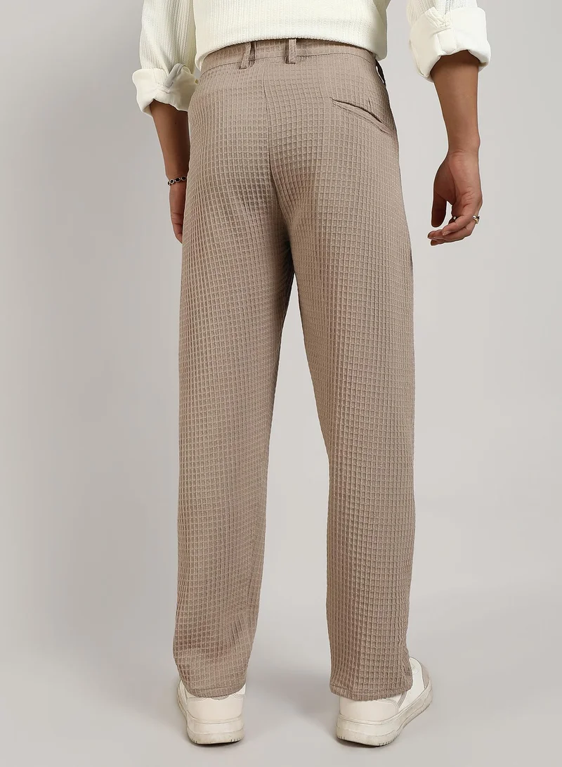 Campus Sutra Men's Beige Textured Graph Check Trousers