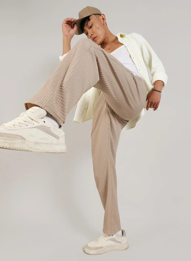 Campus Sutra Men's Beige Textured Graph Check Trousers